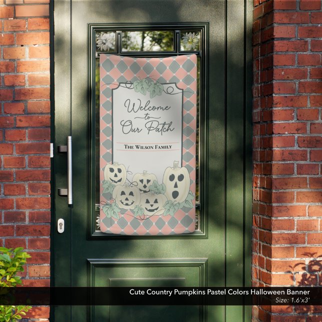 Cute Country Pumpkins Pastel Colors Halloween Banner (Cute Country Pumpkins Halloween Banner–Shown in approx. 1.6' x 3' size. Always Measure your door.)