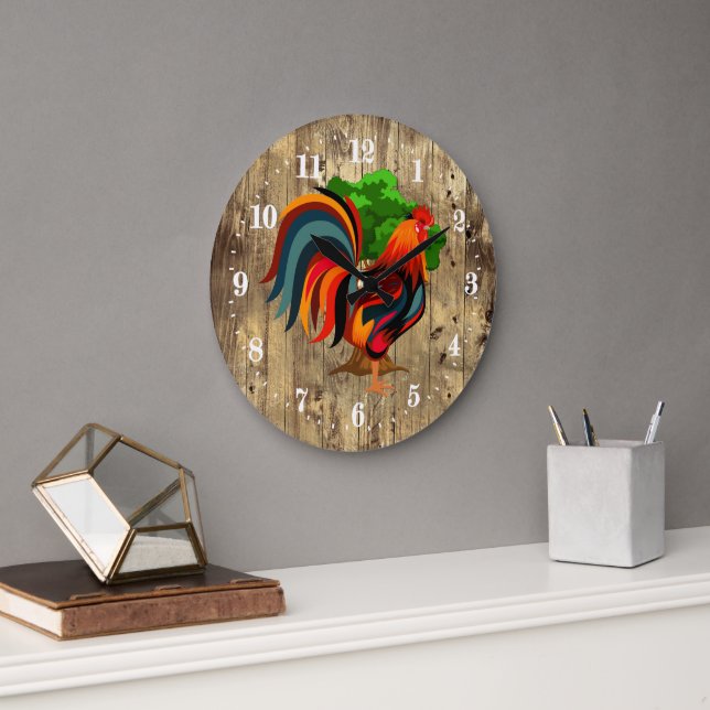 Cute Country rooster animal Large Clock (Office)