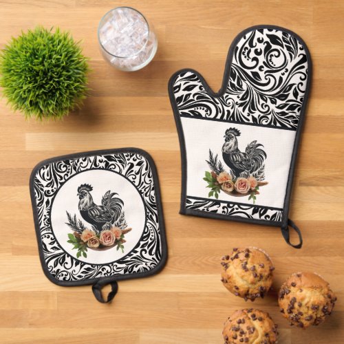 Cute Country rooster kitchen  Oven Mitt  Pot Holder Set