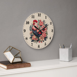 Cute country rooster lovers  large clock