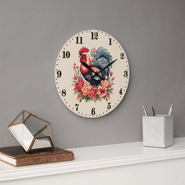 Cute country rooster lovers  large clock (Office)
