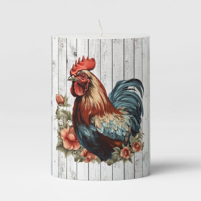 Cute Country rooster lovers  Pillar Candle (Front)