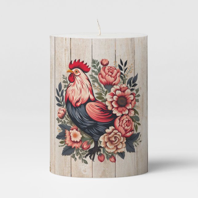 Cute Country rooster lovers  Pillar Candle (Front)