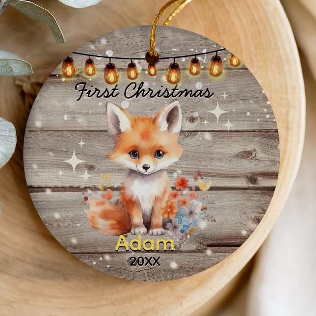 Cute country rustic baby first Christmas fox Ceramic Ornament (Creator Uploaded)
