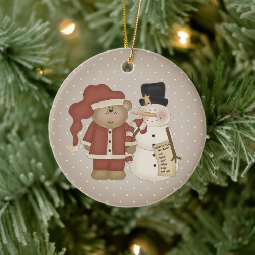 Cute Country Santa Bear And Snowman Personalized Ceramic Ornament
