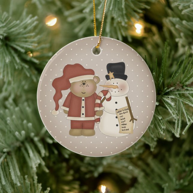 Cute Country Santa Bear And Snowman Personalized Ceramic Ornament (Tree)