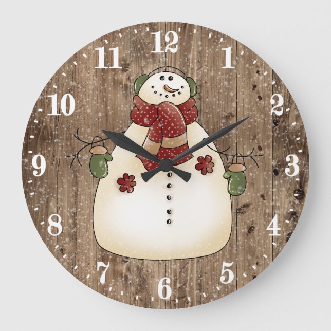Cute Country snowman Holiday decor Large Clock (Front)