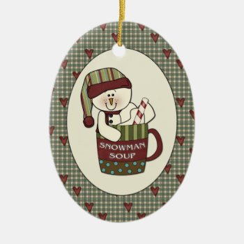 Cute Country Snowman Soup Christmas Cup Ceramic Ornament by ornamentcentral at Zazzle