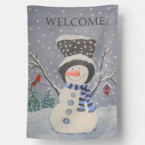 Cute Country Snowman With Birdhouse And Cardinal House Flag | Zazzle