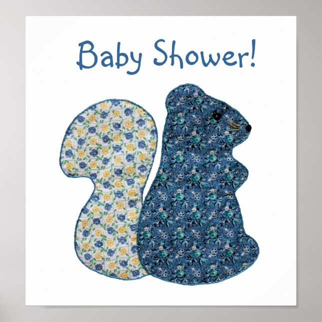 Cute Country Style Blue Squirrel Baby Shower Poster (Front)