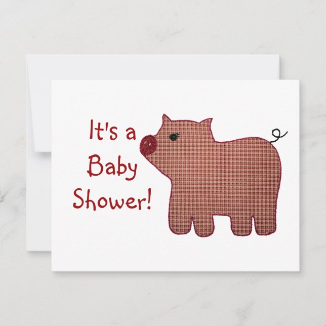 Cute Country Style Pink Plaid Pig Baby Shower Invitation (Front)