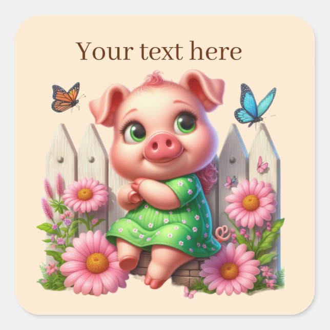 Cute Country vegetable pig add text  Square Sticker (Front)