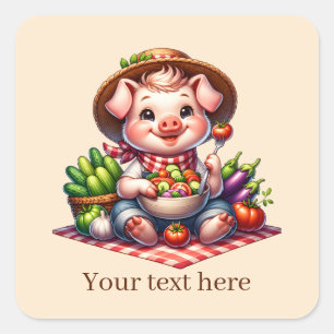 Cute Country vegetable pig add text Square Sticker