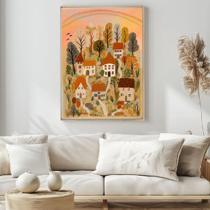 Cute Country Village Autumn Watercolor Art Poster