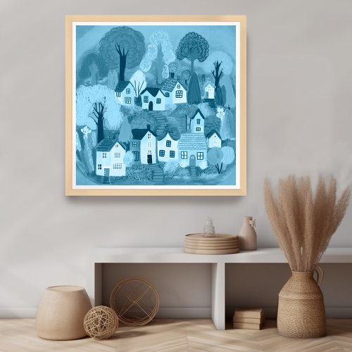Cute Country Village Blue Colorful Sweet   Poster