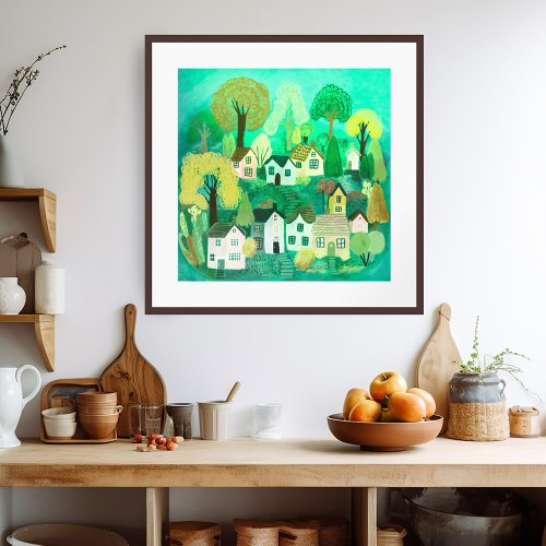 Cute Country Village Green Colorful Sweet Art Poster