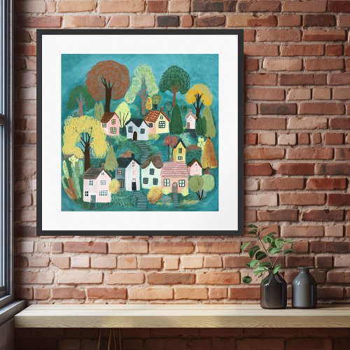 Cute Country Village Teal Colorful Watercolor Art  Poster