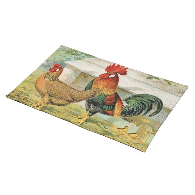 Cute Country vintage rooster chicken kitchen Cloth Placemat (On Table)