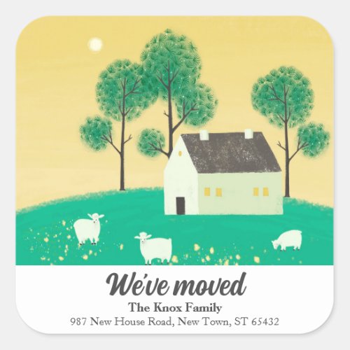 Cute Countryside House Trees Sheep Weve Moved Square Sticker