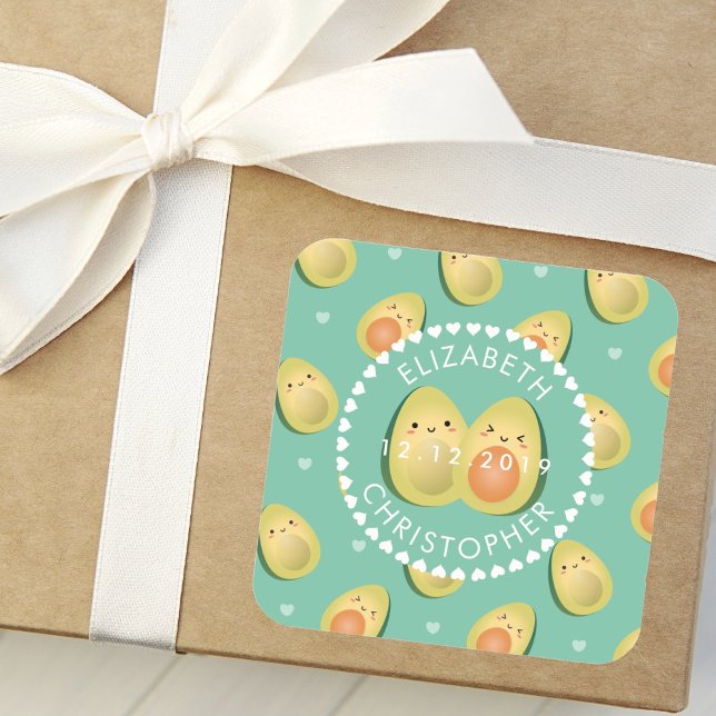 Cute Couple Avocuddle Funny Avocados Wedding Favor Square Sticker (Creator Uploaded)
