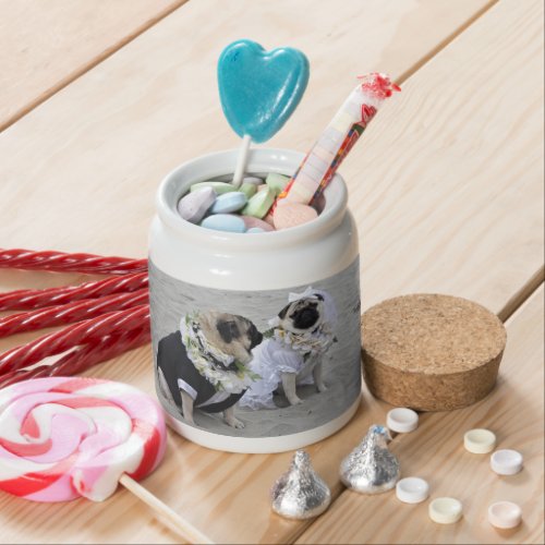 Cute couple bride and groom pugs candy jar