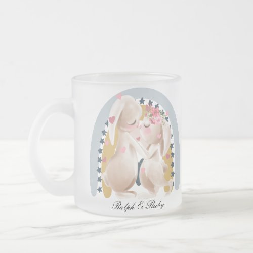 Cute Couple Bunny Rainbow Customized Gift Him Her  Frosted Glass Coffee Mug
