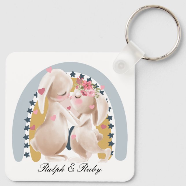 Cute Couple Bunny Rainbow Customized Gift Him Her  Keychain (Back)