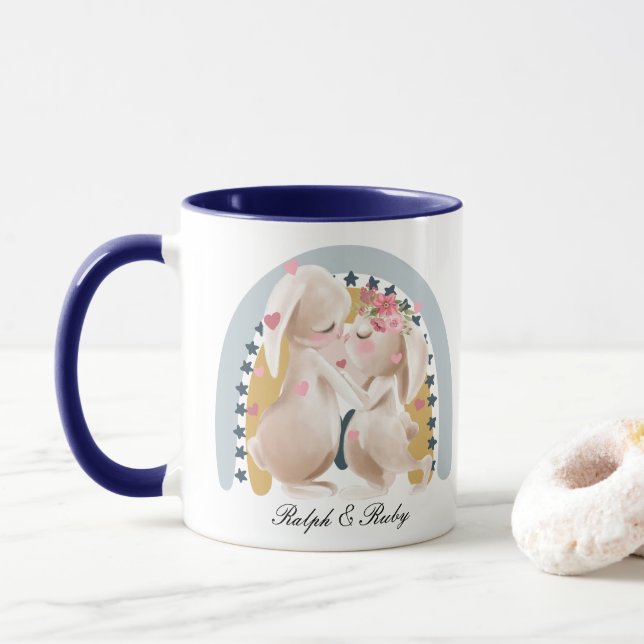 Cute Couple Bunny Rainbow Customized Gift Him Her  Mug (With Donut)