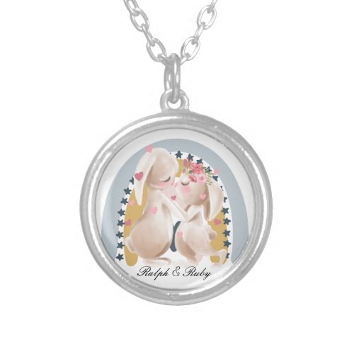 Cute Couple Bunny Rainbow Customized Gift Him Her  Silver Plated Necklace