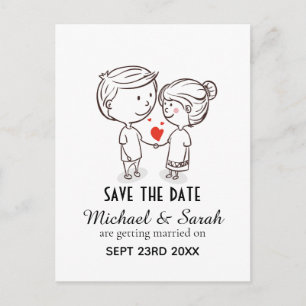 Cute Couple Drawing Save the Date Wedding Postcard
