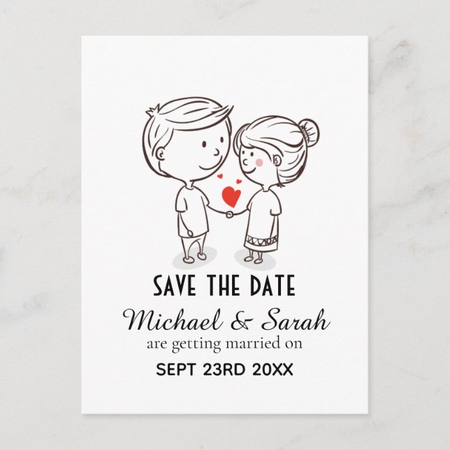Cute Couple Drawing Save the Date Wedding Postcard (Front)