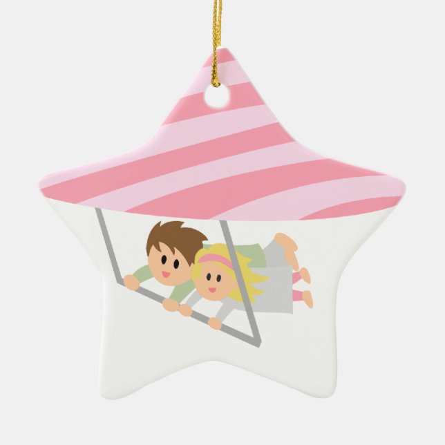 Cute couple flying on a heart-shaped hang-glider ceramic ornament (Front)