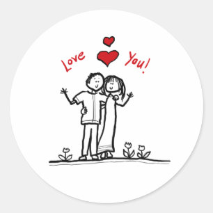 Cute couple hearts and hello greetings classic round sticker