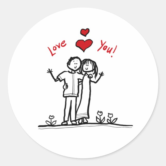 Cute couple hearts and hello greetings classic round sticker (Front)