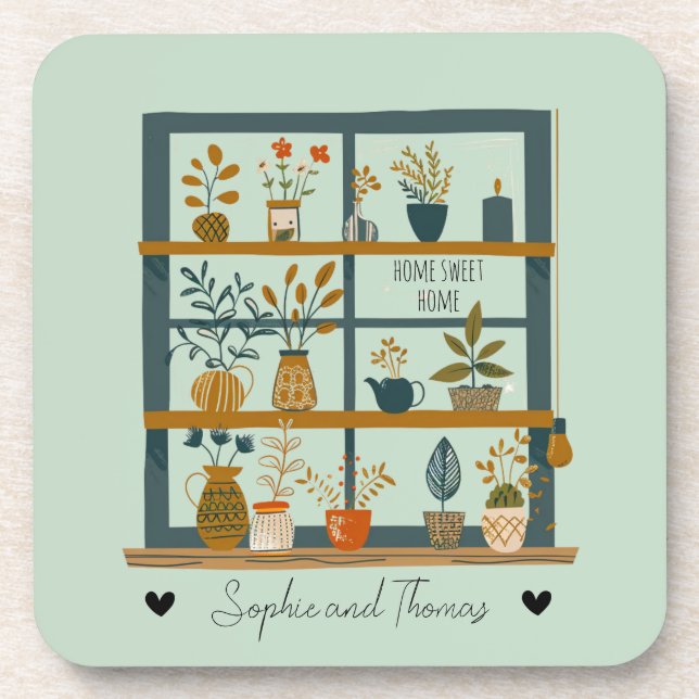 Cute Couple Home Sweet Home Plant Lover Custom Beverage Coaster (Front)