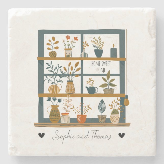 Cute Couple Home Sweet Home Plant Lover Custom  Stone Coaster (Front)
