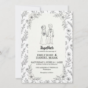 Cute Couple Illustration Minimalist Floral Wedding Invitation