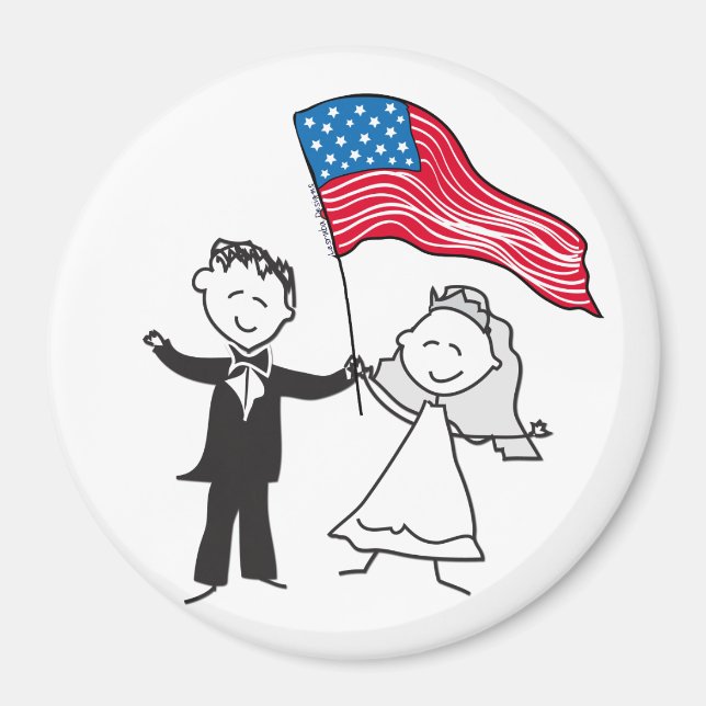 Cute Couple Illustration with American Flag Magnet (Front)