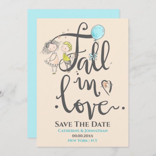 Cute couple in love drawing typography fall love save the date