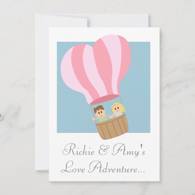 Cute couple in pink striped hot air balloon invitation (Front)