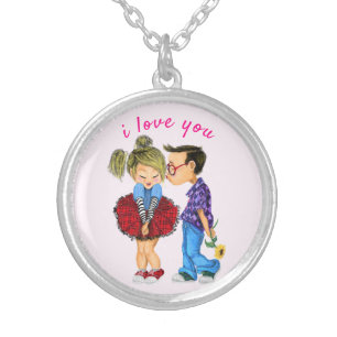 Cute Couple Necklace Gift Text - I Love You