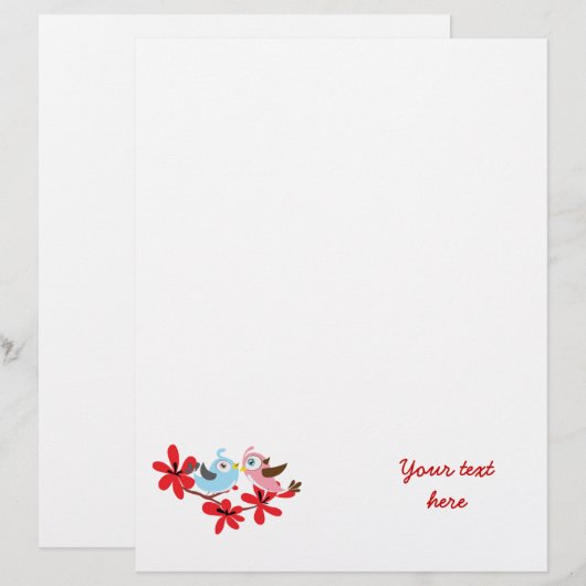 Cute couple of birds red flowers custom letterhead (Front/Back)