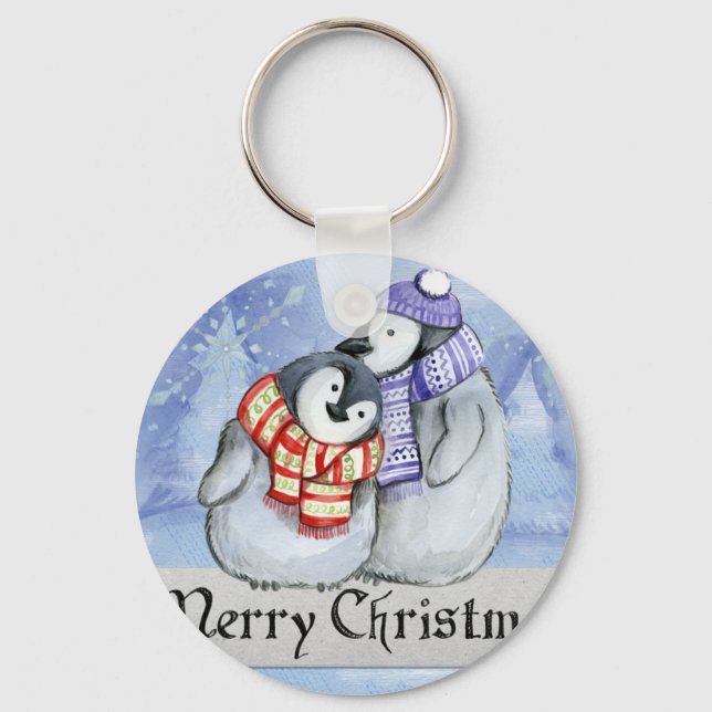 Cute couple of penguins hugging keychain (Front)