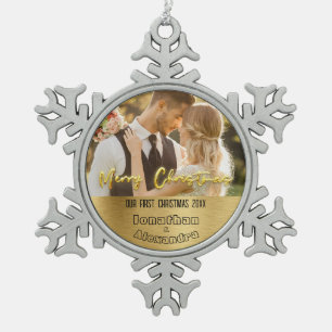 Cute couple photo First Christmas Luxury golden Snowflake Pewter Christmas Ornament