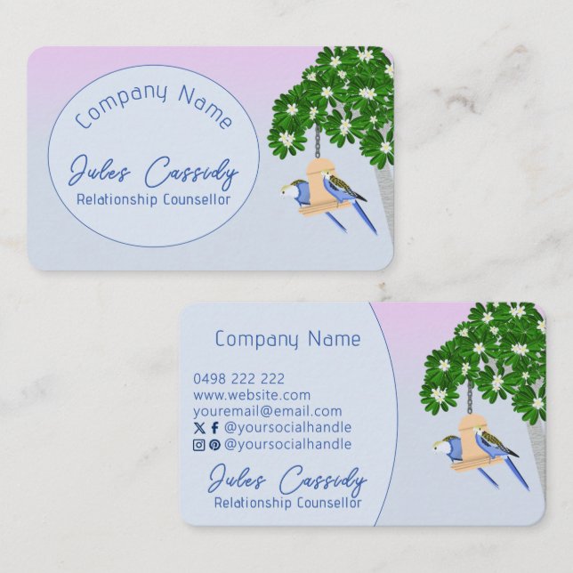Cute Couple Playful Parrots Blue Oval Counselor Business Card (Front/Back)