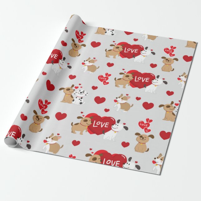 Cute Couple Puppies Love Pattern Wrapping Paper (Unrolled)