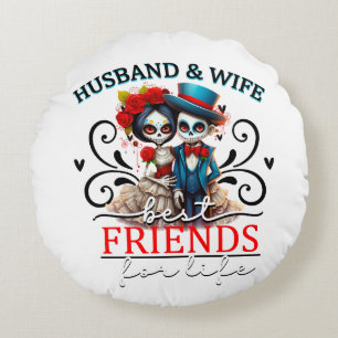 Cute Couple Sugar Skull Round Pillow