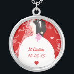 Cute Couple Wedding Gown Tuxedo 1st Christmas Silver Plated Necklace<br><div class="desc">Keepsake Necklaces Choose either Silver Plated Gold Finish or Sterling Silver Unique Personalized Custom 1st Christmas Gift Wedding Keepsake Wedding Party Necklaces - to change background color - click customize - click edit - choose last tool in drop down menu and choose from one of the colors shown or enter...</div>