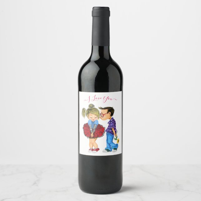 Cute Couple Wine Bottle Labels Text - I Love You (Front)