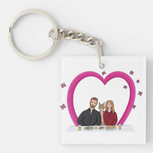 Cute Couple with Cat Romantic Heart Keychain